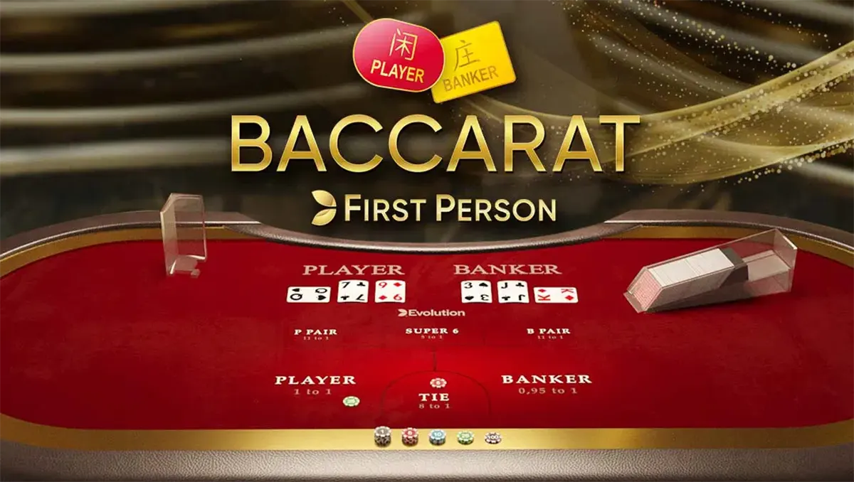 First-person baccarat promotional screen with gold “Baccarat” title, Player/Banker icons, and a red felt table showing dealt cards, chip set, and on-screen betting areas for Player, Banker, and Tie.